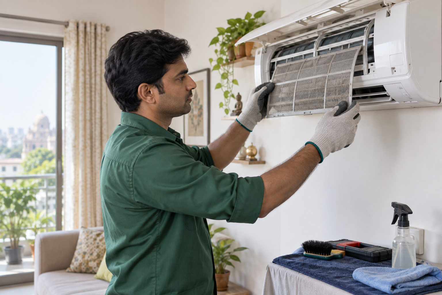 Technician cleaning the filters of a split air conditioner
