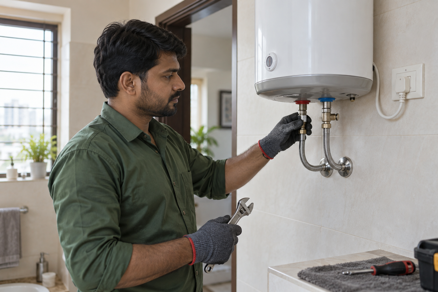 Technician servicing a wall-mounted water heater