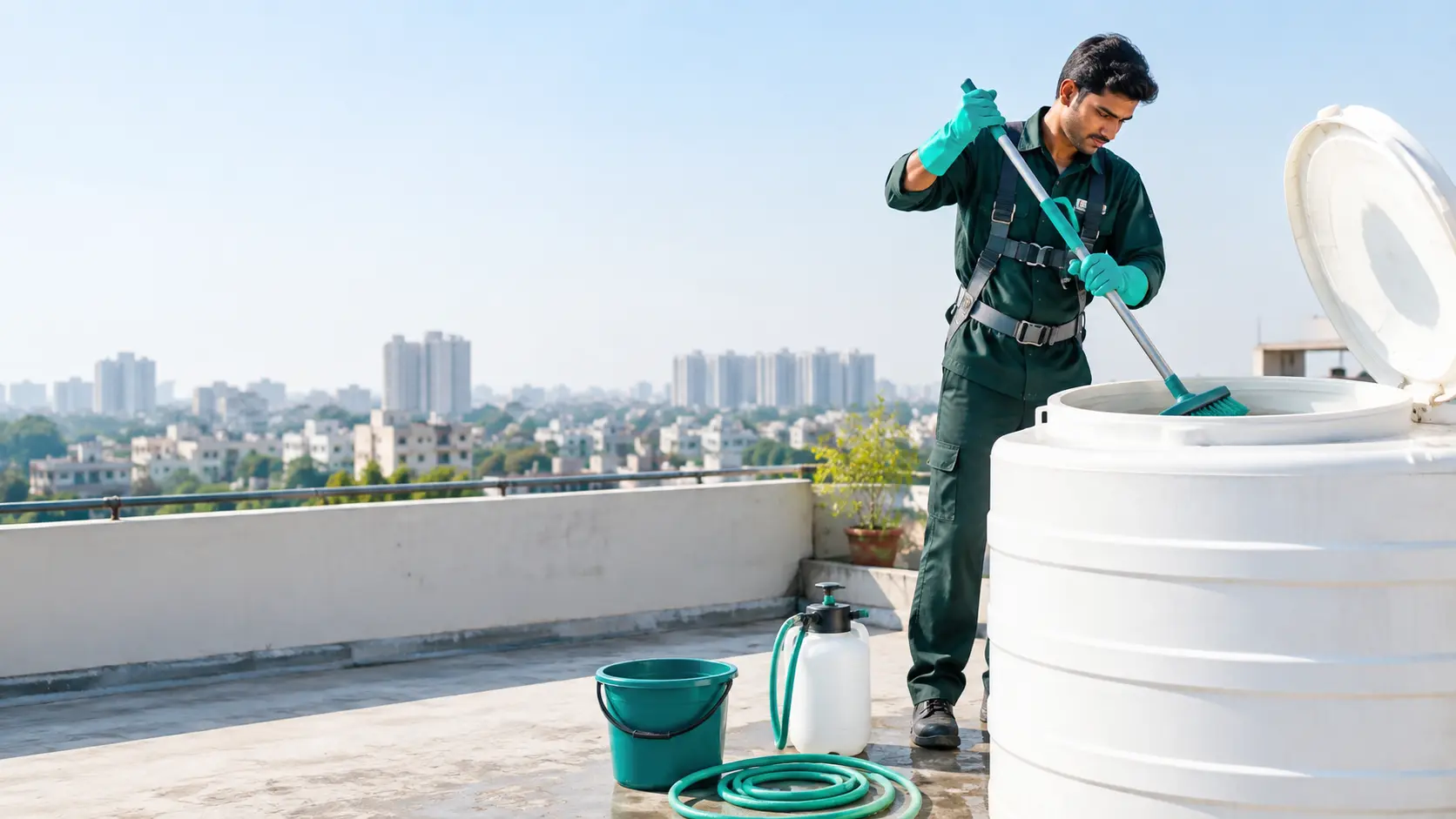 Professional home-service technician working with cleaning equipment
