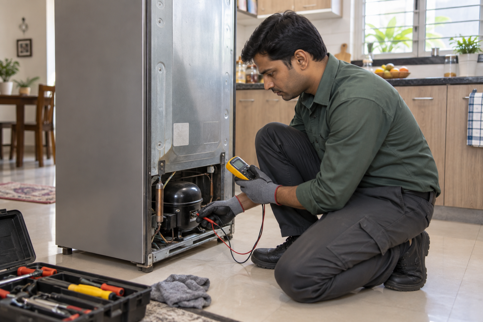 Technician inspecting a refrigerator during servicing