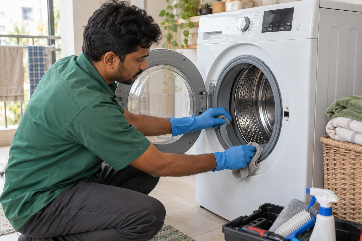 Technician cleaning the door seal of a washing machine