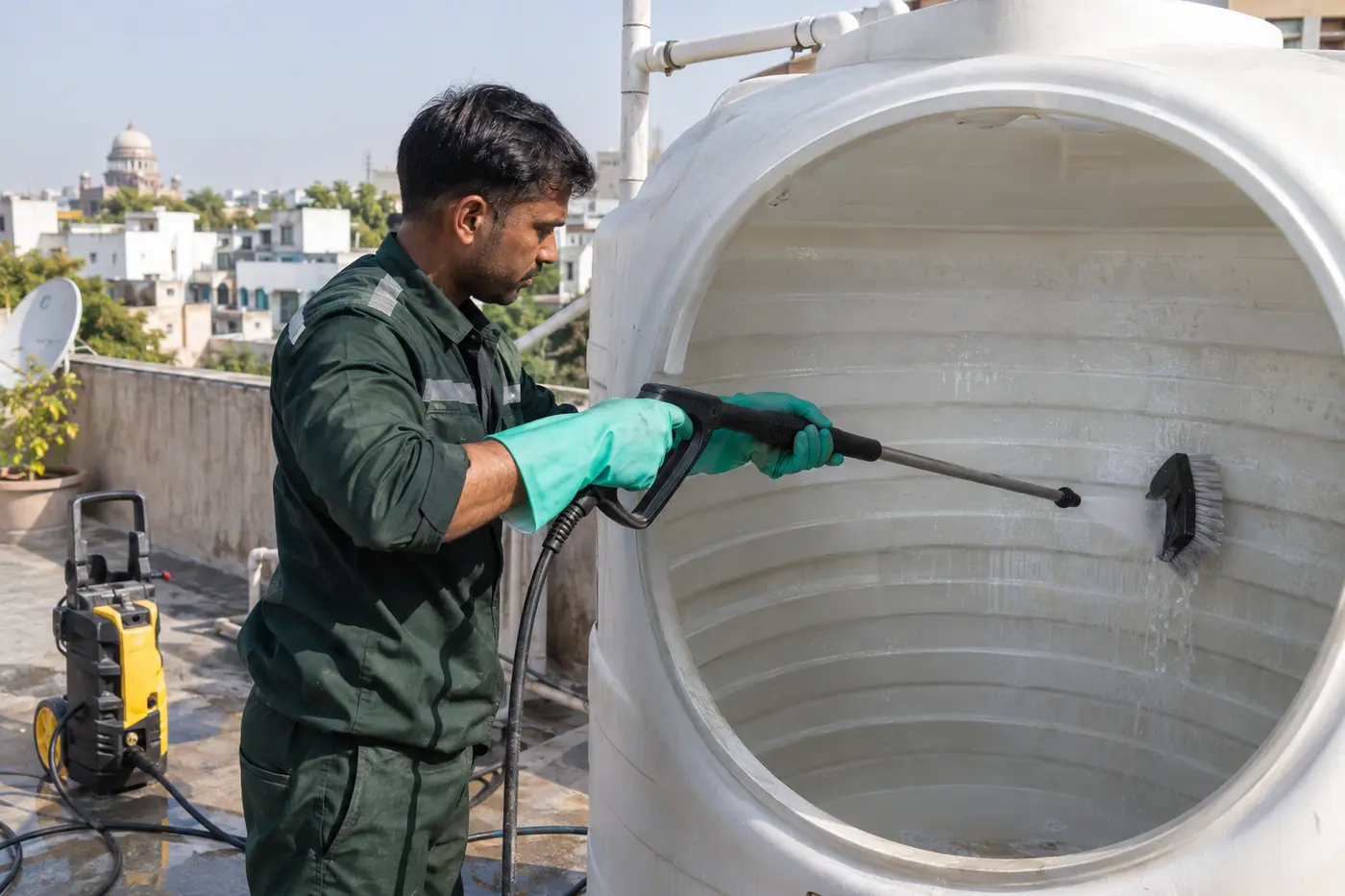 Water tank cleaning in progress with technician equipment